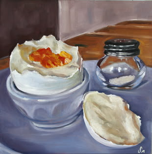Gemaltes Bild von Sonja Neumann,  das ein Frühstücksei zeigt