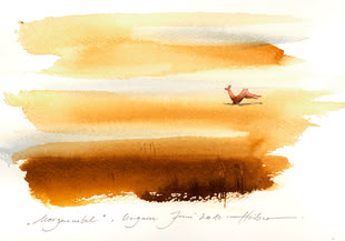 Ein Aquarellgemälde von Jens Hübner, das in warmen Orangetönen gehalten ist und den Titel „Morgennebel“ trägt, entstand in der Technik der Plein-Air-Malerei. 