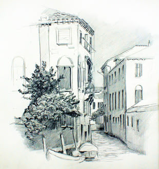zeichnen lernen - Werk: Brigitte Guhle Eine Zeichnung von Brigitte Guhle, in der sie eine Gasse in einer Stadt skizziert hat.