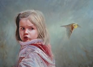 zeichnen lernen - Werk: Claus Rabba Gemälde von Claus Rabba, der in seinem Werk ein kleines Kind darstellt, neben dem ein kleiner Vogel herfliegt.