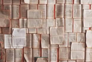 Creative Writing/Kreatives Schreiben. Schreibkurs - Subgenres. Foto: Patrick Tomasso/Unsplash Aufgeschlagene Bücher neben strukturiert und collagenförmig nebeneinander