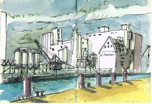 Aquarell malen lernen Stadt zeichnen, Urban Sketching - Peter Koch Werk eines Industriegebietes, das von Peter Koch aquarelliert wurde.