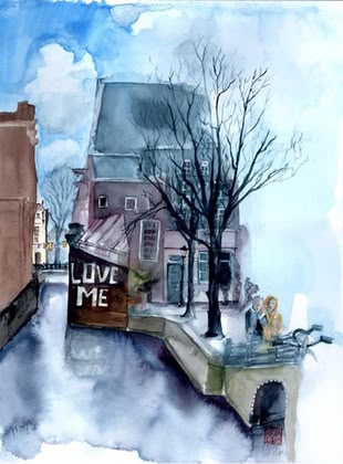 Aquarell malen lernen, Malkurs, Werk: Alexa Dilla Ein Aquarellbild, gemalt von Alexa Dilla, bildet ein Haus auf einer Straße ab.