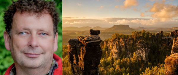 Portraitfoto von einem Mann mit lockigen braunen Haaren (Dozent Mark Robertz), daneben ist eines seiner Fotos mit der Sächsischen Schweiz als Motiv