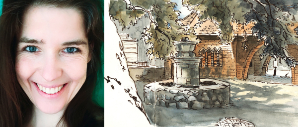 Eine lächelnde Frau mit braunen Haaren, daneben ist eines ihrer Urban Sketching-Werke mit einem Torbogen als Motiv