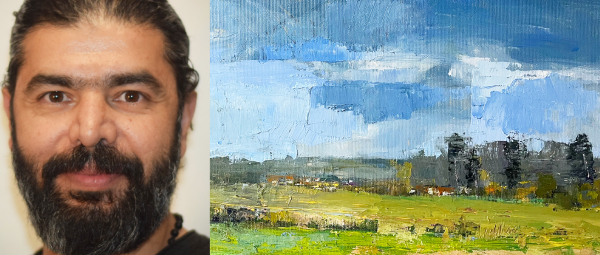 Ein Mann mit braunen Haaren und Bart neben einem abstrahierten Acryl-Bild mit einer Landschaft als Motiv.
