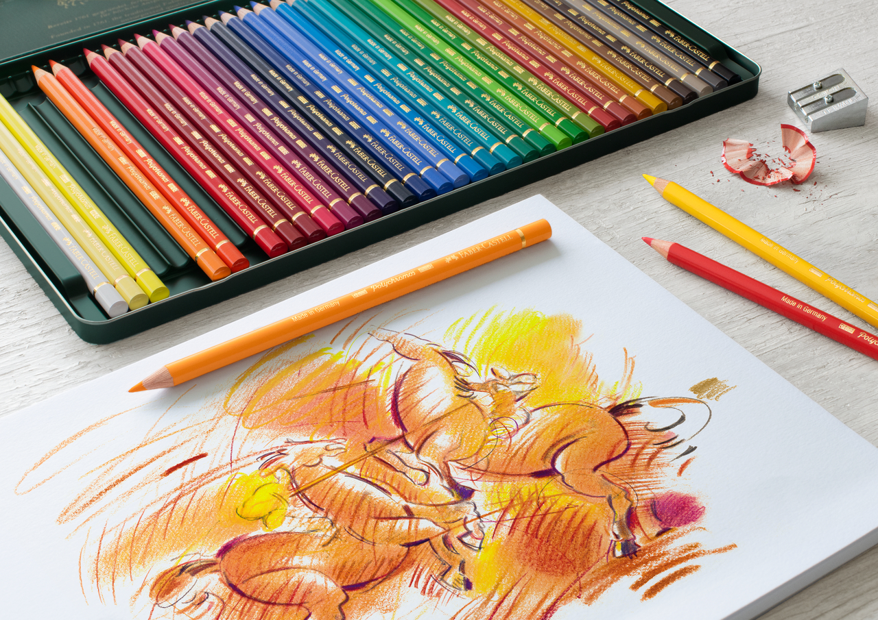 Ein großes Metalletuei mit 36 bunten Polychromos Farbstiften von Faber-Castell nach Farben sortiert