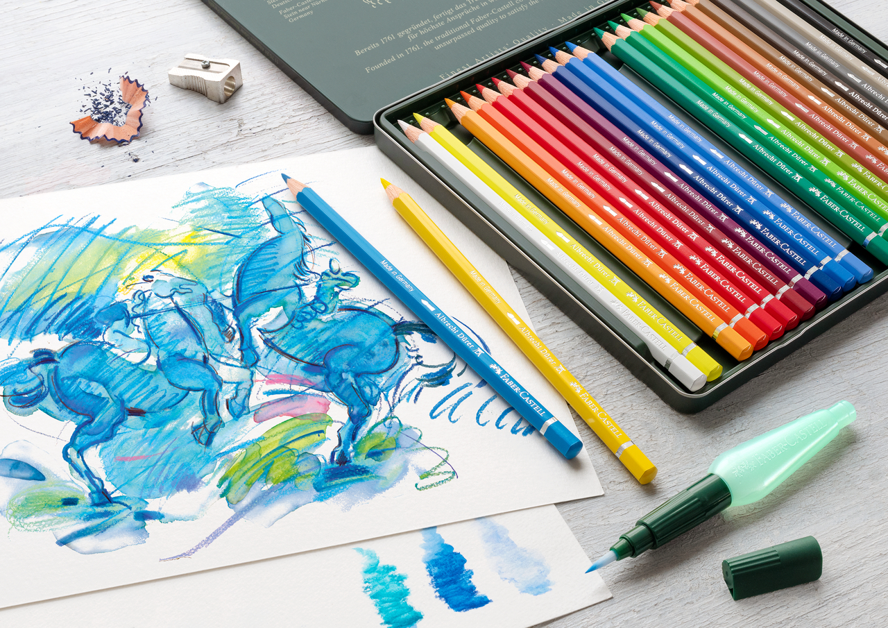 Die Künstleraquarellstifte von Faber-Castell in einer Metallbox.
