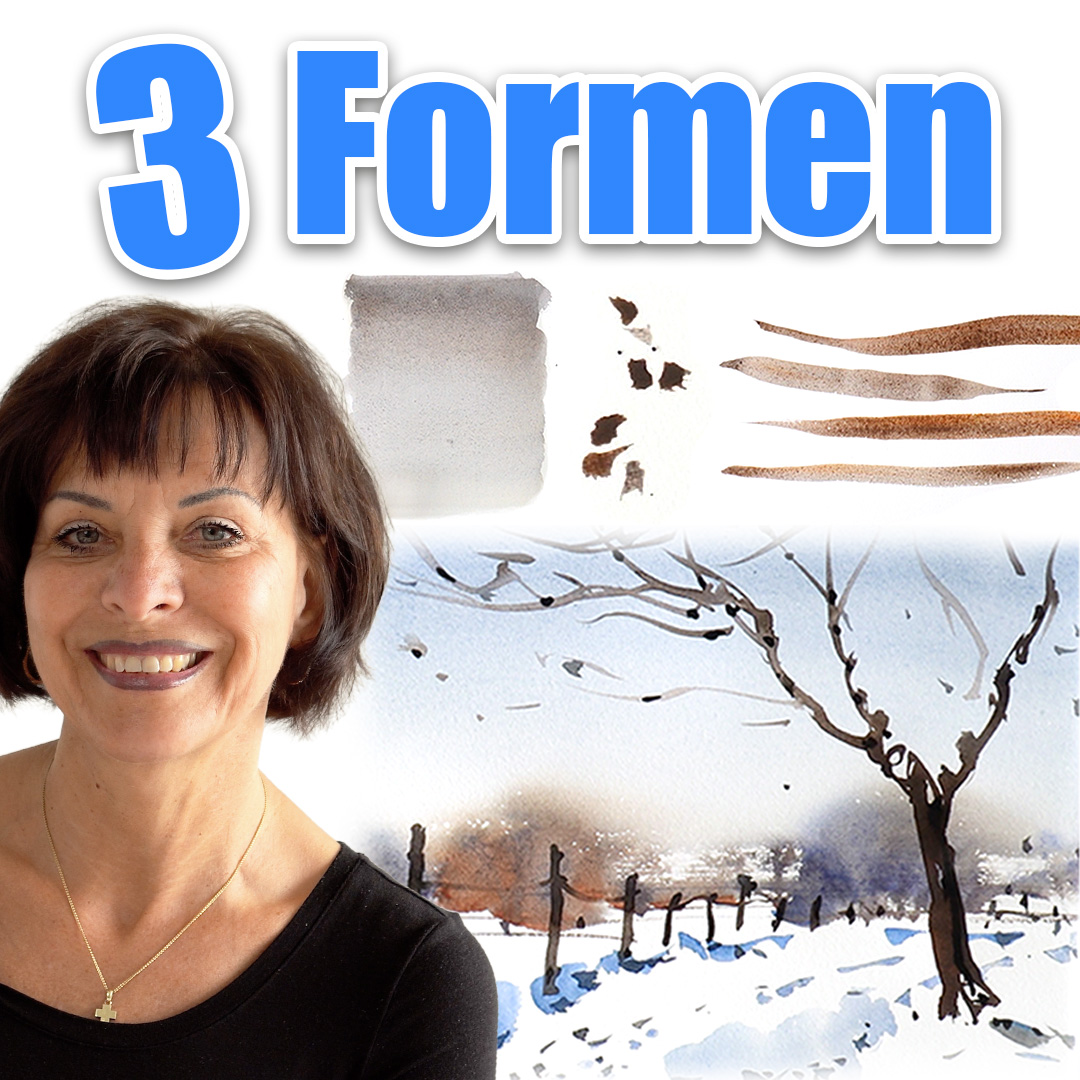 Portraitfoto von artistravel-Dozentin Sabine Nögel neben einem ihrer Werke, darüber steht die Überschrift "3 Formen"