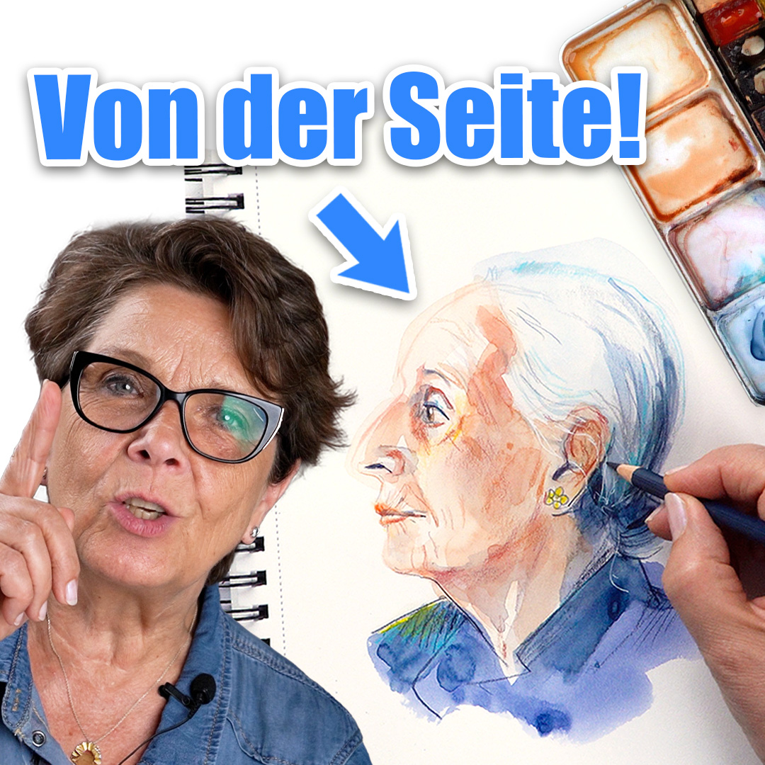 Portraitfoto der artistravel-Dozentin Ulrike Selders, daneben eines ihrer Portraitwerke und eine zeichnende Hand darüber, oben steht die Überschrift "Von der Seite!"