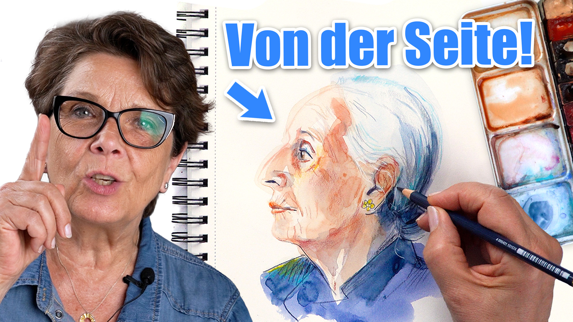 Portraitfoto der artistravel-Dozentin Ulrike Selders, daneben eines ihrer Portraitwerke und eine zeichnende Hand darüber und ein Aquarellkasten daneben, oben steht die Überschrift "Von der Seite!"