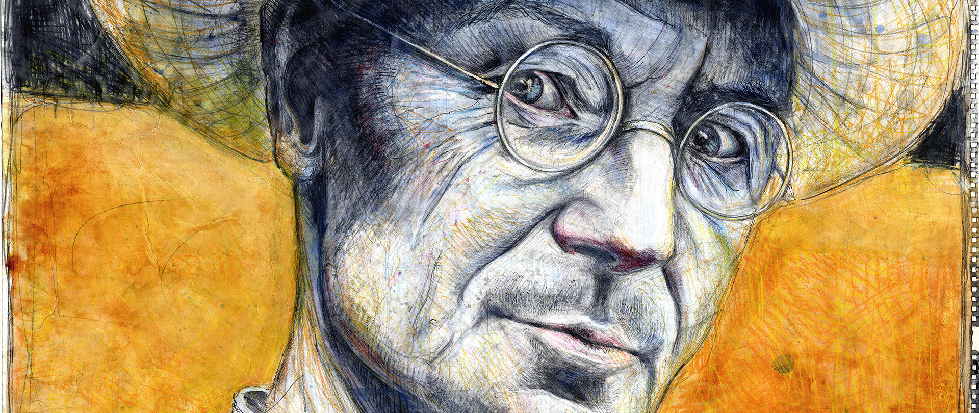 Bleistift-Portrait von einem Mann mit Brille und Hut vor orangenem Hintergrund