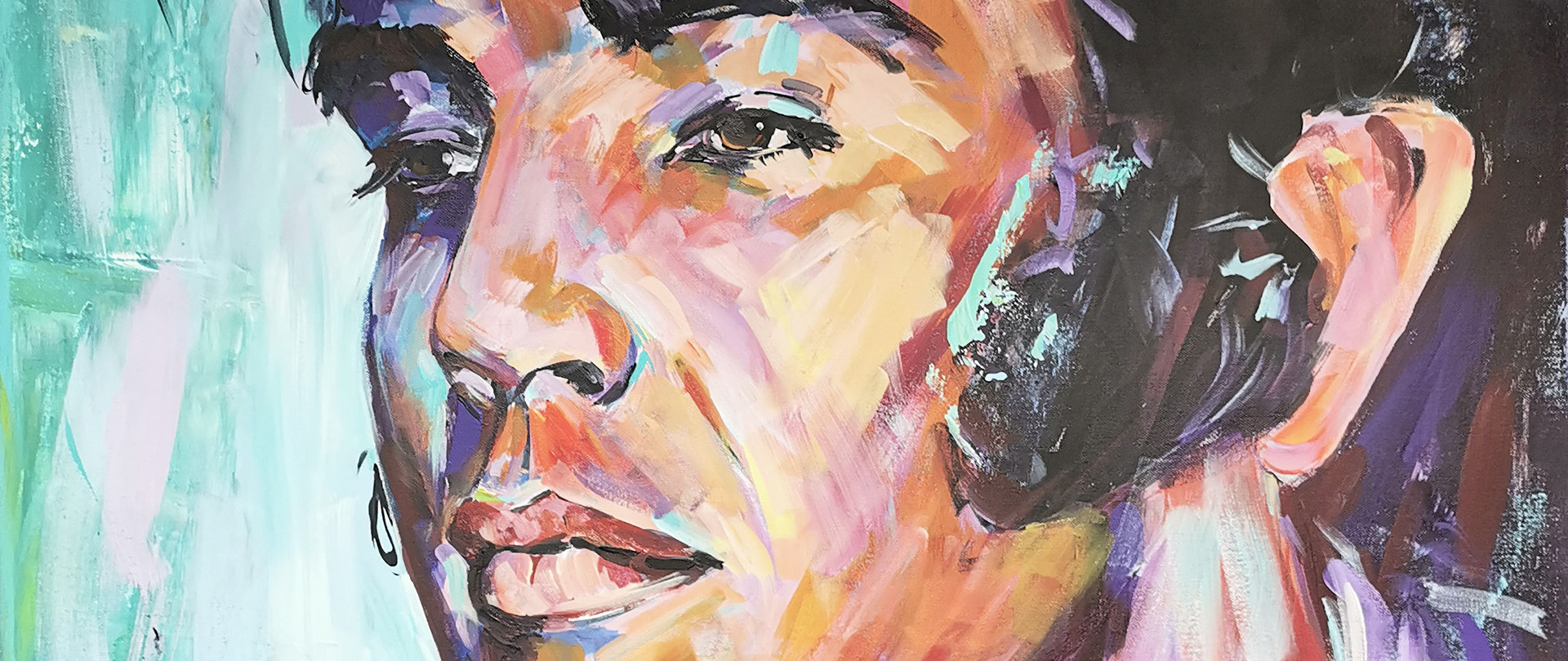 Abstrahiertes buntes Acryl-Portrait von einem Mann mit schwarzen Haaren