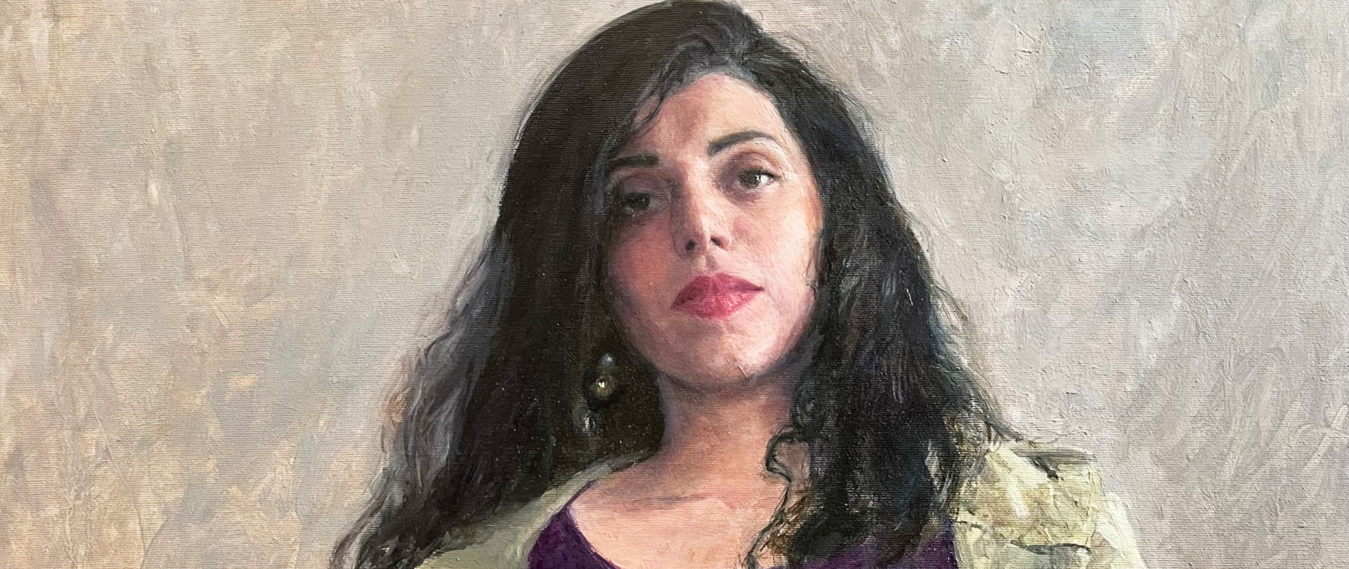 Portrait von einer Frau mit langen schwarzen Haaren in Acryl